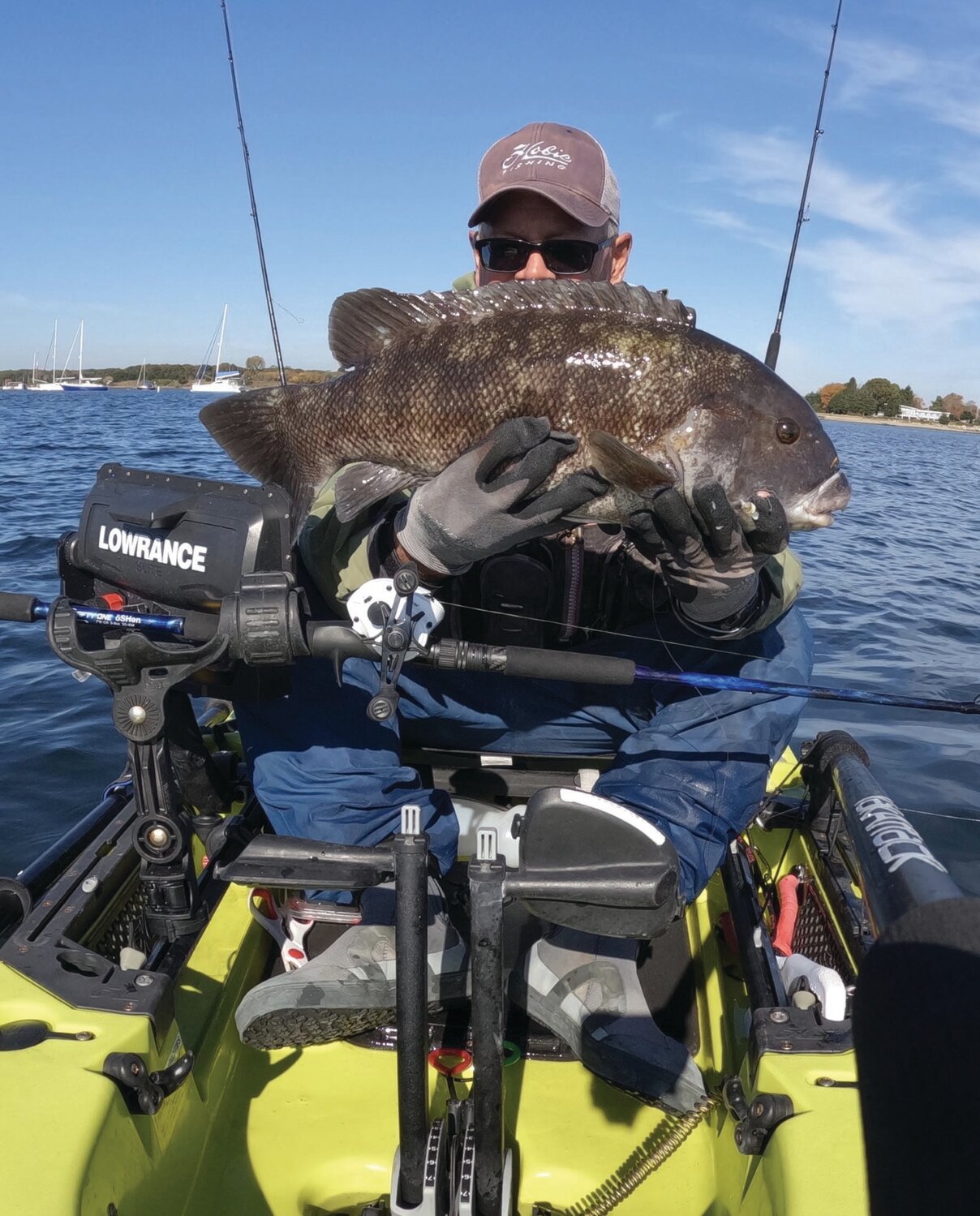 KAYAK CATCH: Kayak angler Tom Houde, said, “Caught a stringer of keeper tog last week in the West Bay including this 21-inch female which was released after a quick photo. Water temp 60 degrees, depth 20 inches.